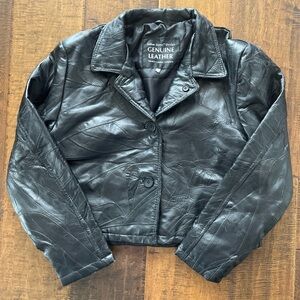 Vintage 90’s Navarre black leather patchwork cropped jacket, Sz XL